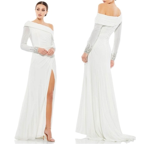 Mac Duggal12231 Beaded Cuff Drop Shoulder Faux Wrap Gown NEW